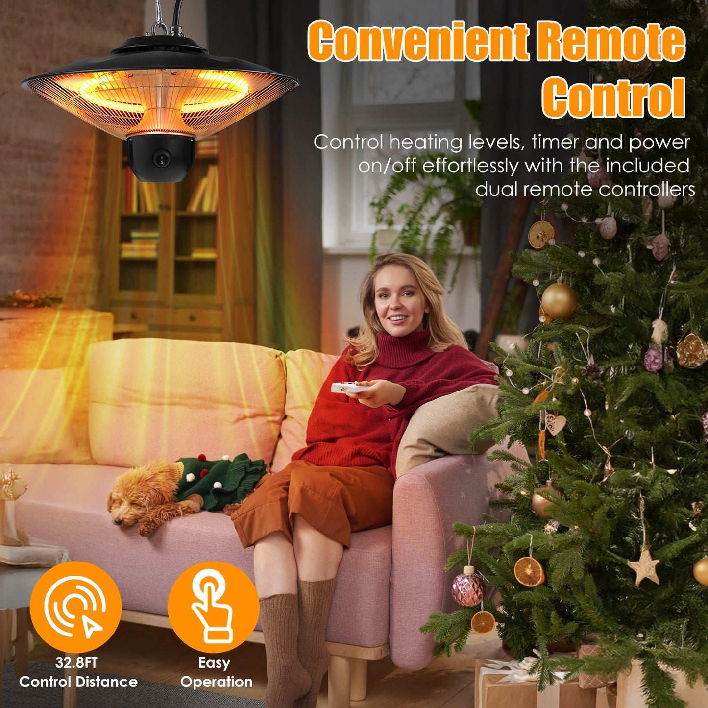 1500W Outdoor Ceiling Mount Patio Heater IP23 Waterproof with Remote & Timer - Black