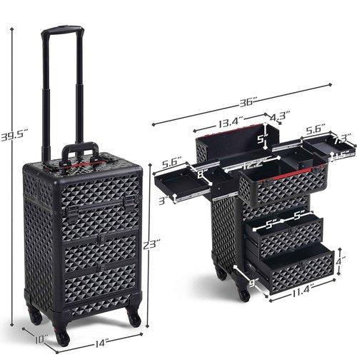 Yaheetech Rolling Makeup Train Case with Drawers Professional Nail Tech Travel Case Cosmetics Storage Organizer Beauty/Nail Art/Hair Styling Travelling Cart Trunk Black