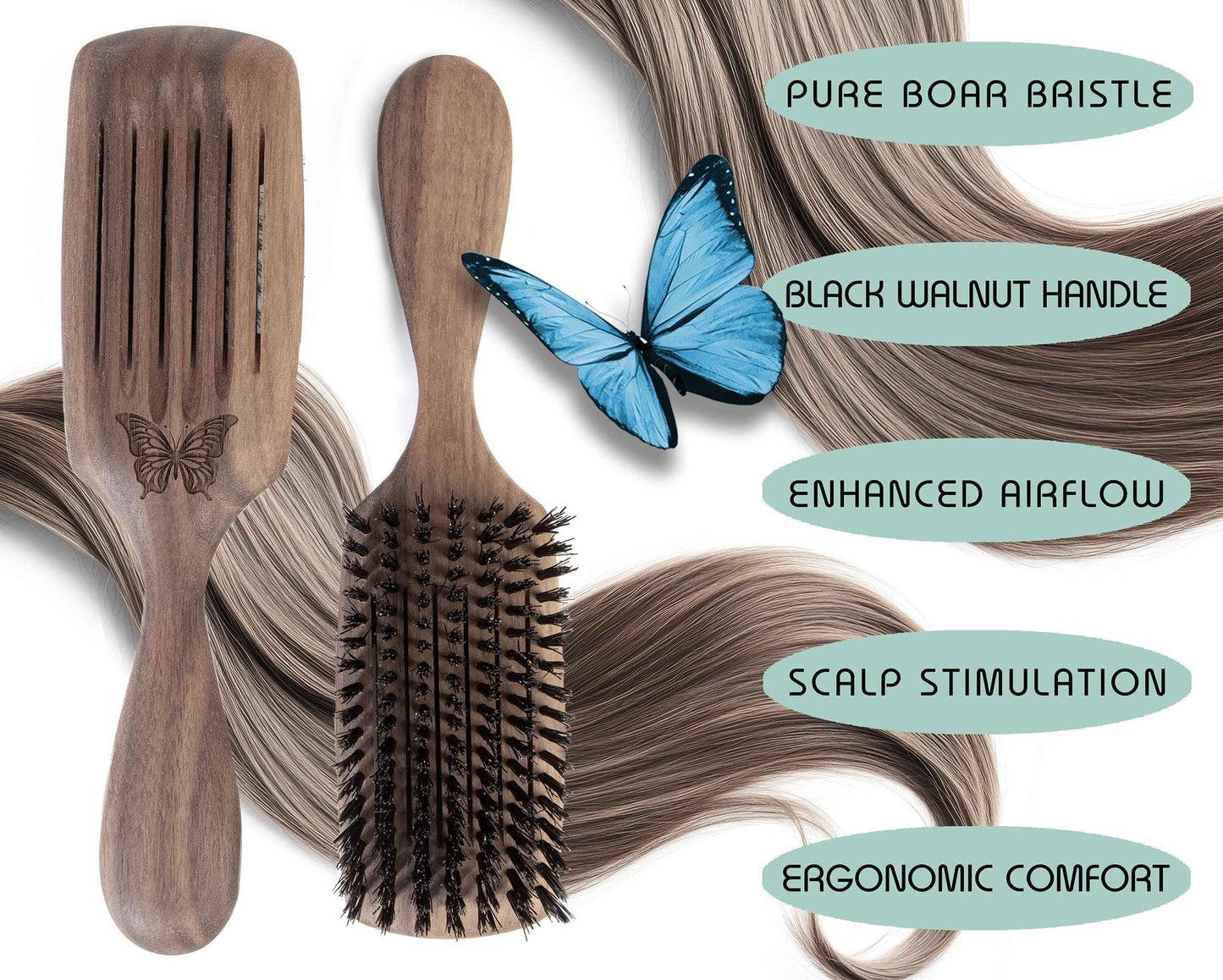 100% Pure Wild Boar Bristle, Vented Hair Brush, for Blow Drying and Natural Shine, Black Walnut Handle, Made in Germany