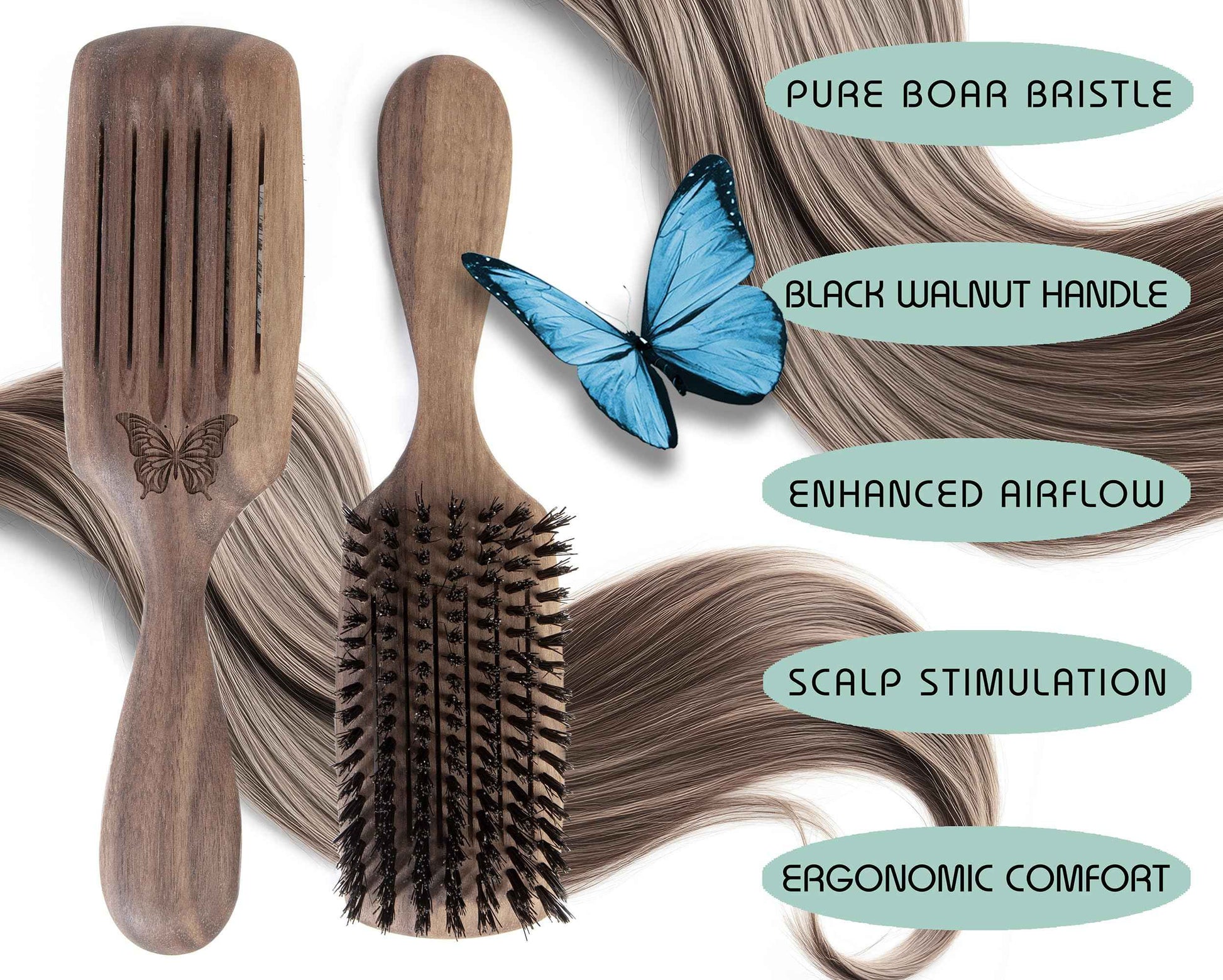 100% Pure Wild Boar Bristle, Vented Hair Brush, for Blow Drying and Natural Shine, Black Walnut Handle, Made in Germany