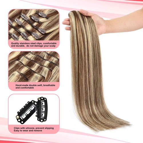 Clip in Hair Extensions Real Human Hair 16inch 120g 7Pcs Real Human Hair Clip in Extensions #P4/613 Medium Brown with Blonde Clips in Human Hair