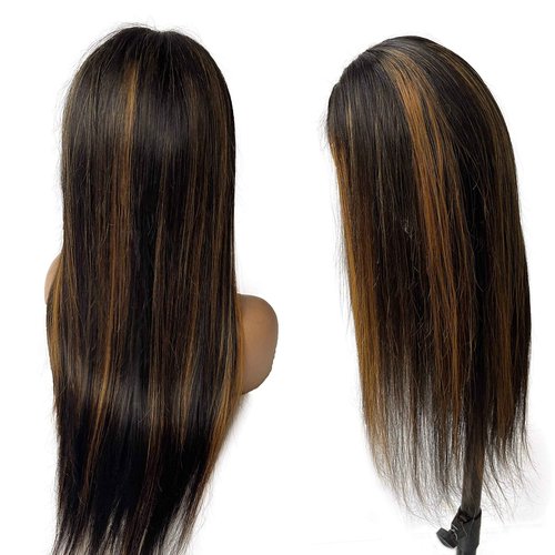 Silky Straight Ombre Honey Blonde Lace Front Wig 22" Highlights Human Hair for Women Pre Plucked Ombre 13x4 Lace Front HD Transparent Wig Black Mixed Brown Hair with Roots Can be Curled 150% Density