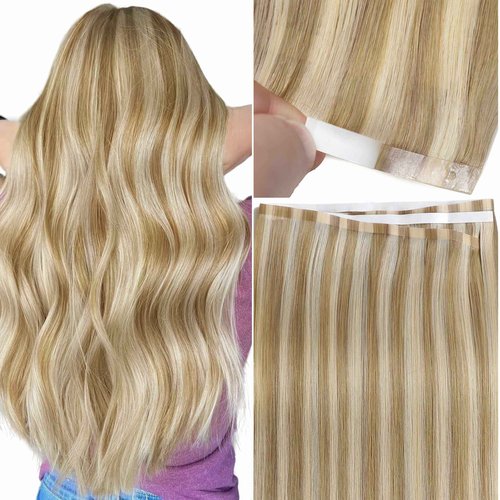 Anrosa 18 Inch Long Weft Tape in Hair Extensions Human Hair Light Brown with Platinum Blonde Wide Real Human Hair Tape Ins 50G