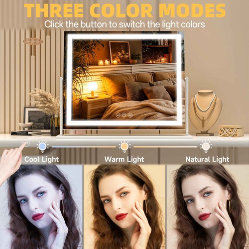 Batuso Vanity Mirror with Lights, 24'' x 20'' Lighted Makeup Mirror, Touch Screen with 3-Color Lighting, Dimmable for Vanity Desk Tabletop Square White