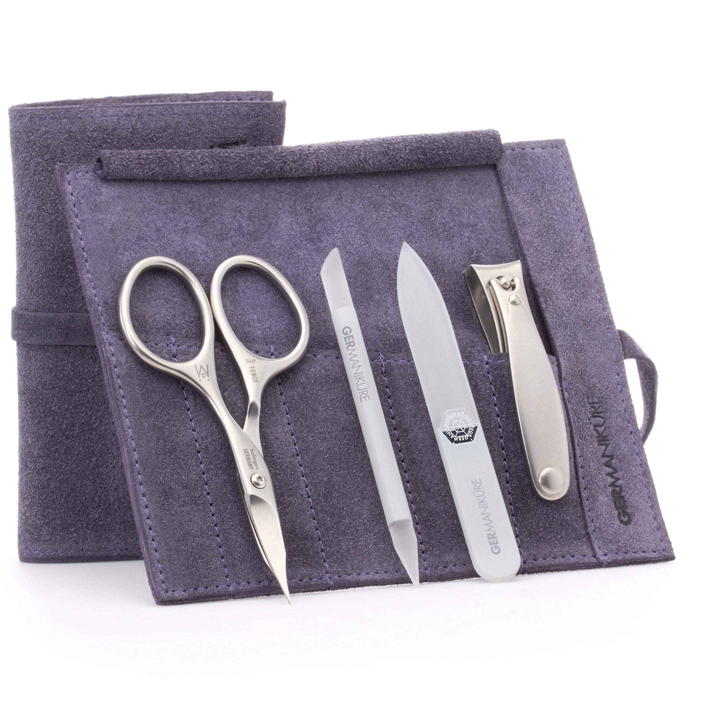 GERMANIKURE 4pc Mini Professional Manicure Set in Suede Case - FINOX Stainless Steel Tools Made in Solingen Germany, Glass Nail Care Supplies Made in Czech Republic