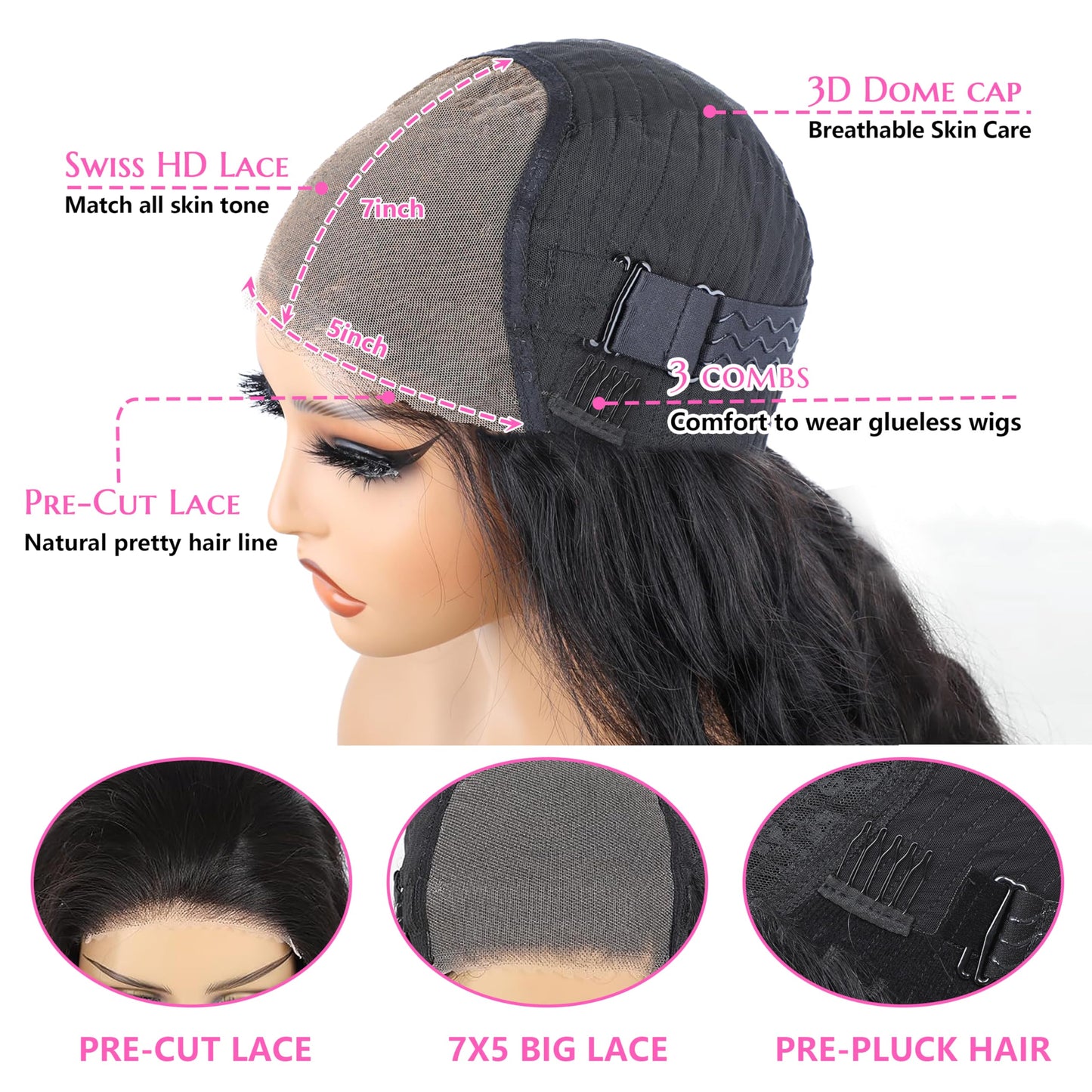 Puhasty 7x5 HD Lace Closure Glueless Wigs Human Hair Wear and GO Pre Plucked Pre Cut 200% Density Glueless Wig 22Inch Body Wave Lace Front Wigs with Baby Hair for Black Women Natural Hairline