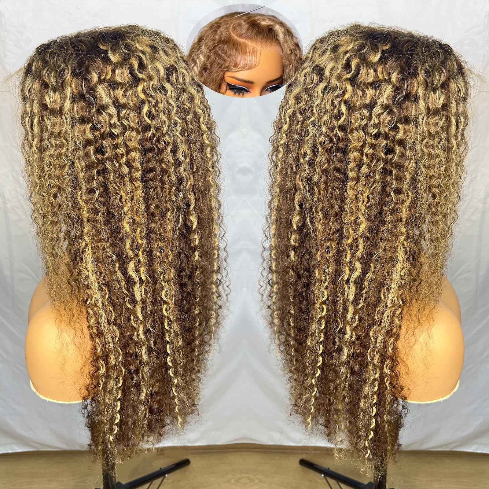 200 Density Honey Blonde Wig Human Hair 13x6 Deep Wave HD Transparent Lace Front Wigs Human Hair Pre Plucked 4/27 Highlight Ombre Jerry Curly Wet And Wavy 100% Human Hair Wigs For Black Women 28 inch