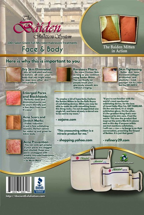 Baiden Exfoliator System-Best Firming Face Body & Back Scrub Mitts-Remove Blackheads, Dry Skin, Wrinkles, Cellulite, Controls Acne-Top Facial Lips Eyelids Treatment-Circulation and Collagen Boosting
