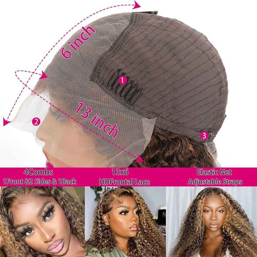 Yeeaak 13x6 Highlight Deep Wave Lace Front Wigs Human Hair Ombre 4/27 Curly HD Lace Frontal Wig for Women 180% Density Pre Plucked Glueless Honey Blonde Wig 18 Inch
