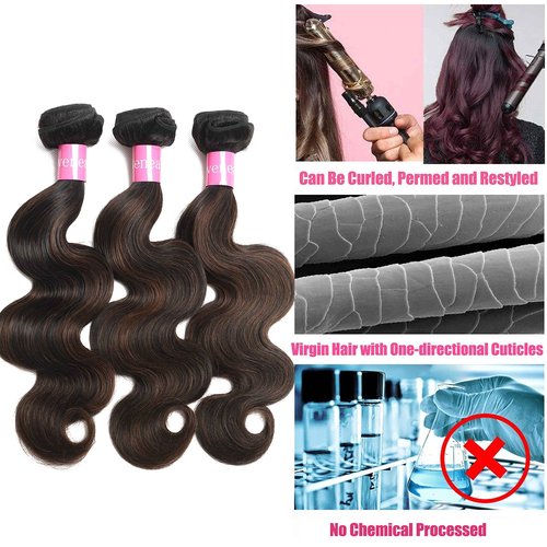 Lovenea Highlight Brown Body Wave Virgin Hair 3 Bundles 10 12 14 Inch 10A Brazilian Human Hair Extensions Ombre Color Body Wavy Human Hair Weave Bundles (FB30, 10 12 14)