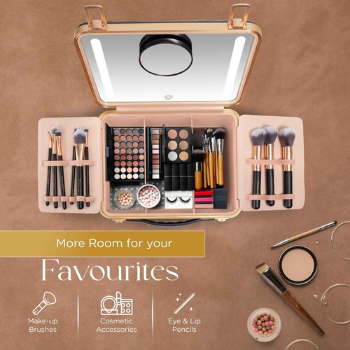 NJ GLAM Lighted Makeup Case with Mirror - Portable Travel Makeup Organizer with light up Mirror, 3 Light Settings, Rechargeable Makeup Bag with Mirror and Lights - Mini 10x magnifying Mirror included