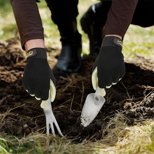 HANDLANDY Leather Work Gloves for Men & Women, Durable Glove for Gardening, Tig/Mig Welding, Construction, Chainsaw, Farm, Ranch. Utility, Firm Grip - White Black S