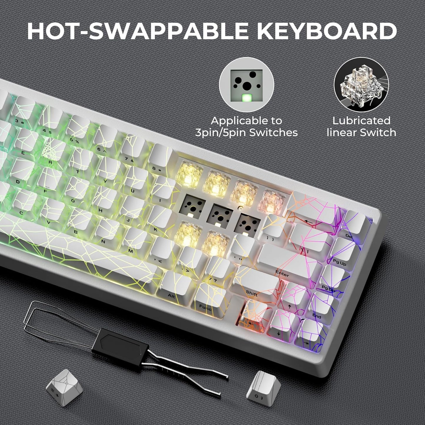 XVX M67 Wireless 60% Percent Keyboard, QMK/VIA Topographic Gaming Keyboard, Tri-Mode Thocky Creamy Mechanical Key Board, Hot Swappable Gasket Mount RGB IMD Tech for Win/Mac, Miami Theme, White