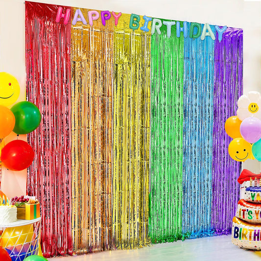 2 Pack Rainbow foil Fringe Backdrop Curtains, 3.3x6.6FT Rainbow Party Decorations Tinsel Backdrop Fringe Curtain Party Streamer for Birthday Party Engagement Graduation Pride Back to School