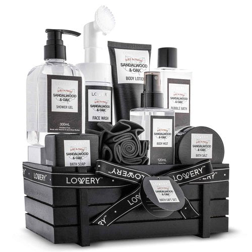 Birthday Gifts Spa Kit for Men - Sandalwood and Oak Scented Bath Gift Set and Shower Gift Basket With Face Wash & Brush, Shower Gel, Bubble Bath, Body Lotion, Body Mist, Handmade Soap, Salts & Puff