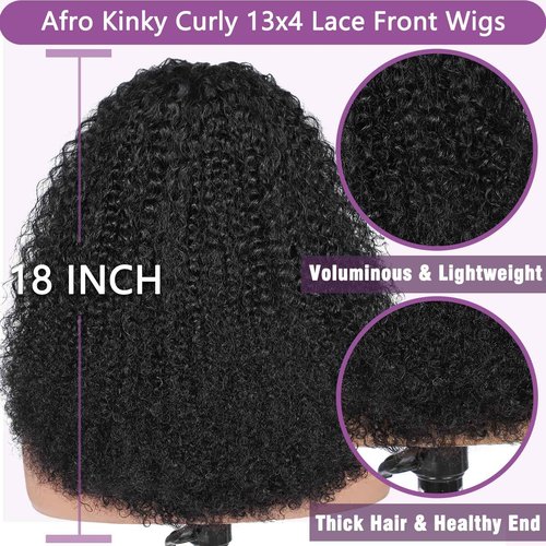 UREMY Afro Kinky Curly Wig Human Hair, 13x4 Lace Front Curly Afro Glueless Wigs 180 Density, Pre Plucked Transparent Lace Frontal, Brazilian Human Hair Bob Wig for Women, Natural Black 18 Inch
