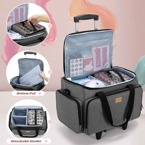LUXJA Rolling Nail Polish Organizer Holds 90 Bottles and a Nail Lamp, Rolling Nail Polish Case with a Detachable Dolly and 3 Removable Cases (Patented), Gray