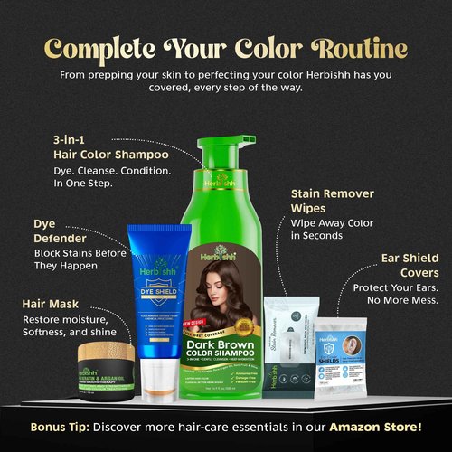 Herbishh Ultimate 3pcs Hair Color Shampoo Dye +1 Argan Hair Mask, Smooth and Long Lasting for Grey Hair Men & Women Easy & Quick to Use-Combo4 (Dark Brown)