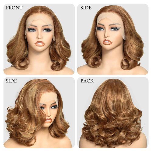 SOKU 13x6 Lace Front Bouncy Wavy Wig, Short Loose Wave Synthetic Wigs for Black Women 13x6 HD Lace Frontal 12 Inch Highlights Pre Plucked Glueless Wig Brown Mixed Blonde Color