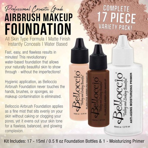 Belloccio Master Set Of All 17 Foundation Shades of Belloccio's Professional Cosmetic Airbrush Makeup, 1/2 oz. Bottles plus a 2 oz. Moisturizing Primer