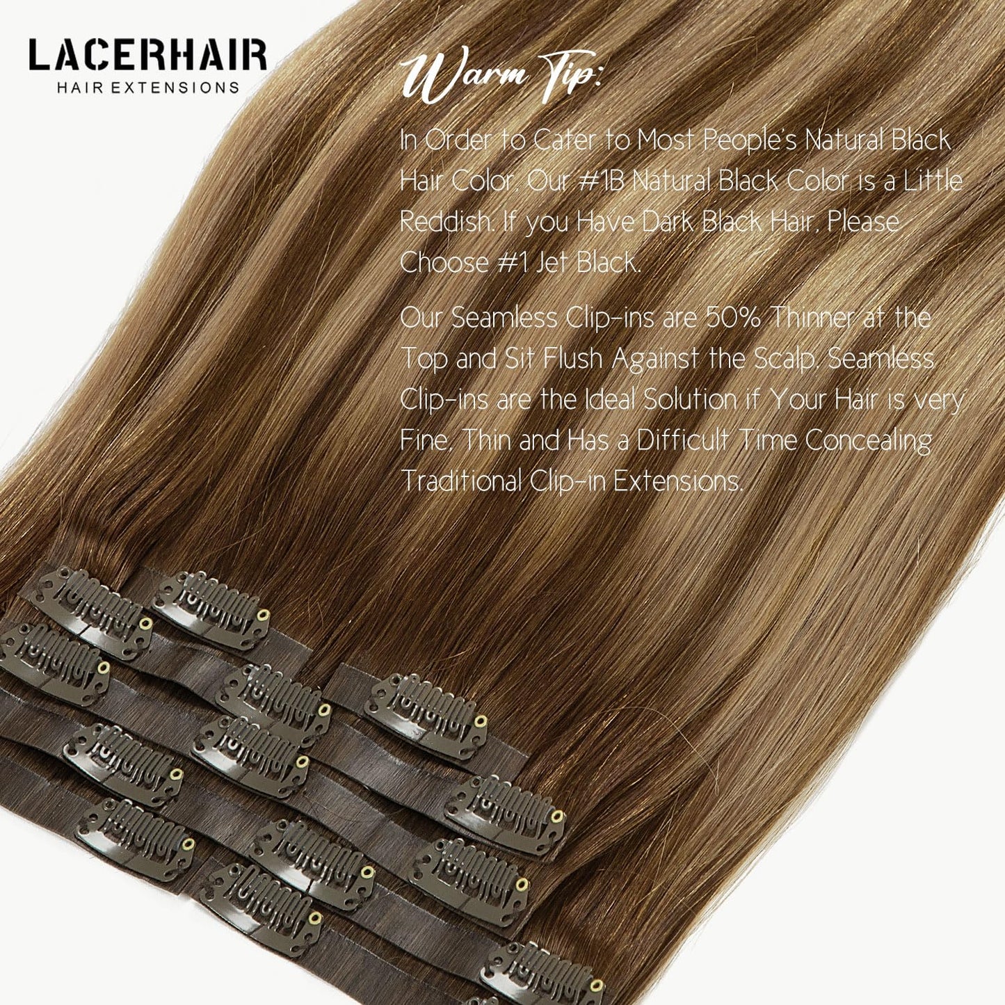 Lacer Hair Real Colored Clip in Hair Extensions Balayage Chocolate Brown to Caramel Blonde 18 Inch Clip in Invisible PU Skin Weft Remy Natural Thick Silky Straight Hair 7pcs 110g for Fashion Women