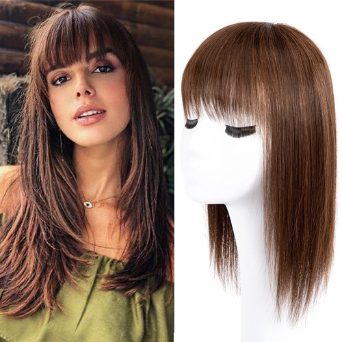 Lovenea 13x15cm Human Hair Topper with Bangs 12 Inch Straight Human Hair Silk Base 130% Density Clip In Toppers Hairpieces for Women With Hair Loss Thinning Hair Medium Brown(4#, 12 Inch)