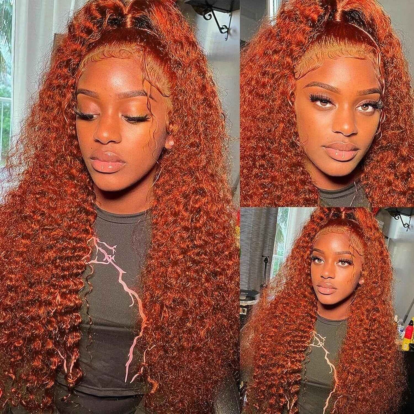 Ginger Orange Lace Front Wigs Human Hair 13x4 Deep Wave Lace Front Wigs For Black Women 180% Density Curly Glueless Colored Wigs 350# HD Transparent Ginger Wig Pre Plucekd Hairline With Baby Hair