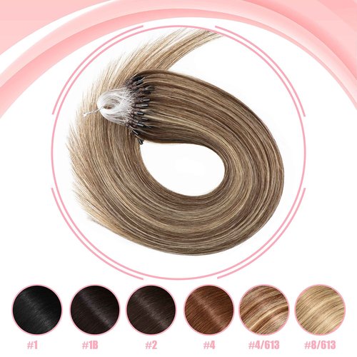 Senmy Micro Link Hair Extensions Human Hair Brown with Blonde Highlight 18inch Micro Beads Human Hair Extensions 0.5g/strand 50g/pack Micro Loop Extensions Human Hair Invisible Beaded Hair Extensions