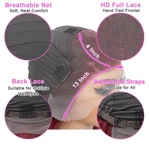 Burgundy 13x4 Lace Front Wigs Human Hair Body Wave Glueless Wine Red 99j Colored Pre Plucked with Baby Hair 180% Density HD Transparent Lace Frontal Wigs for Women (20", Burgundy)