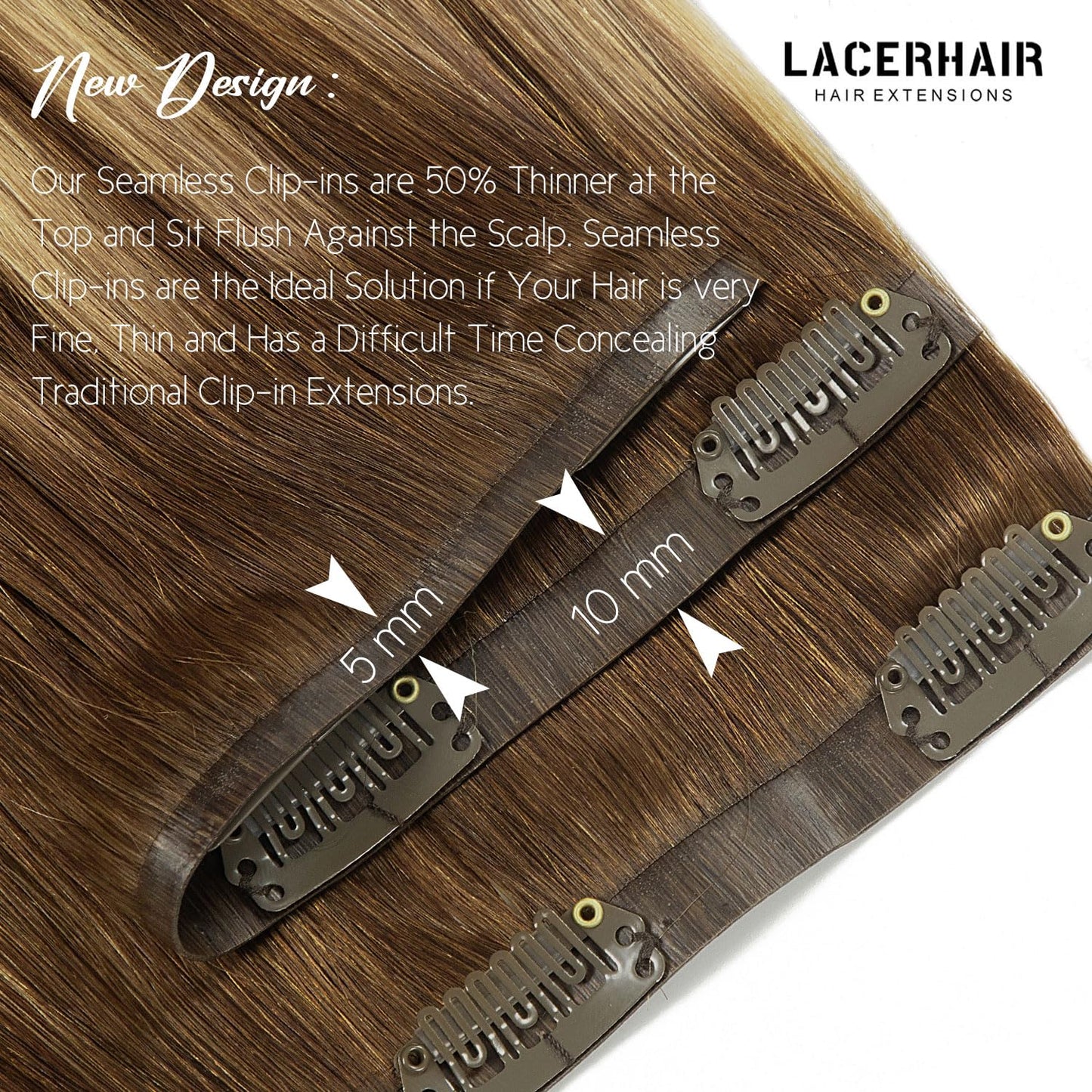 Lacer Hair Real Colored Clip in Hair Extensions Balayage Chocolate Brown to Caramel Blonde 18 Inch Clip in Invisible PU Skin Weft Remy Natural Thick Silky Straight Hair 7pcs 110g for Fashion Women