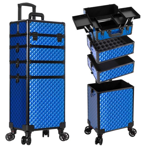 AROUS Rolling Makeup Train Case 4 in 1 Cosmetology Case on Wheels Large Storage Cosmetic Trolley with Key Salon Barber Case Traveling Cart Trunk, Blue