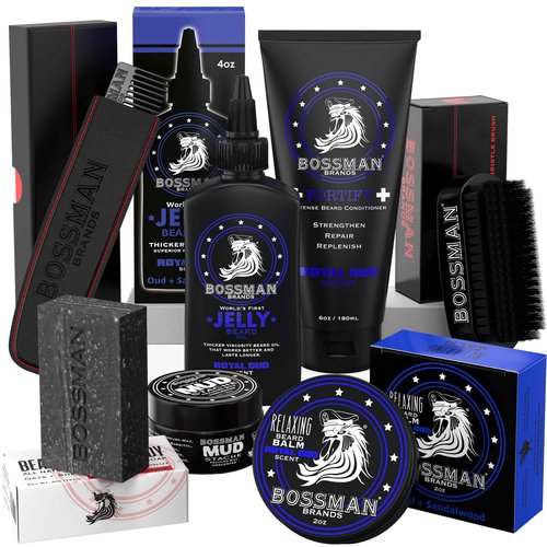 Bossman Big Boss Beard Care Kit for Men - 7 Piece Beard Grooming Kit with Jelly Beard Oil, Beard Conditioner, Beard Balm, MUDstache Wax, Bar Soap, Metal Comb, Brush - Gift Set for Men (Royal Oud)