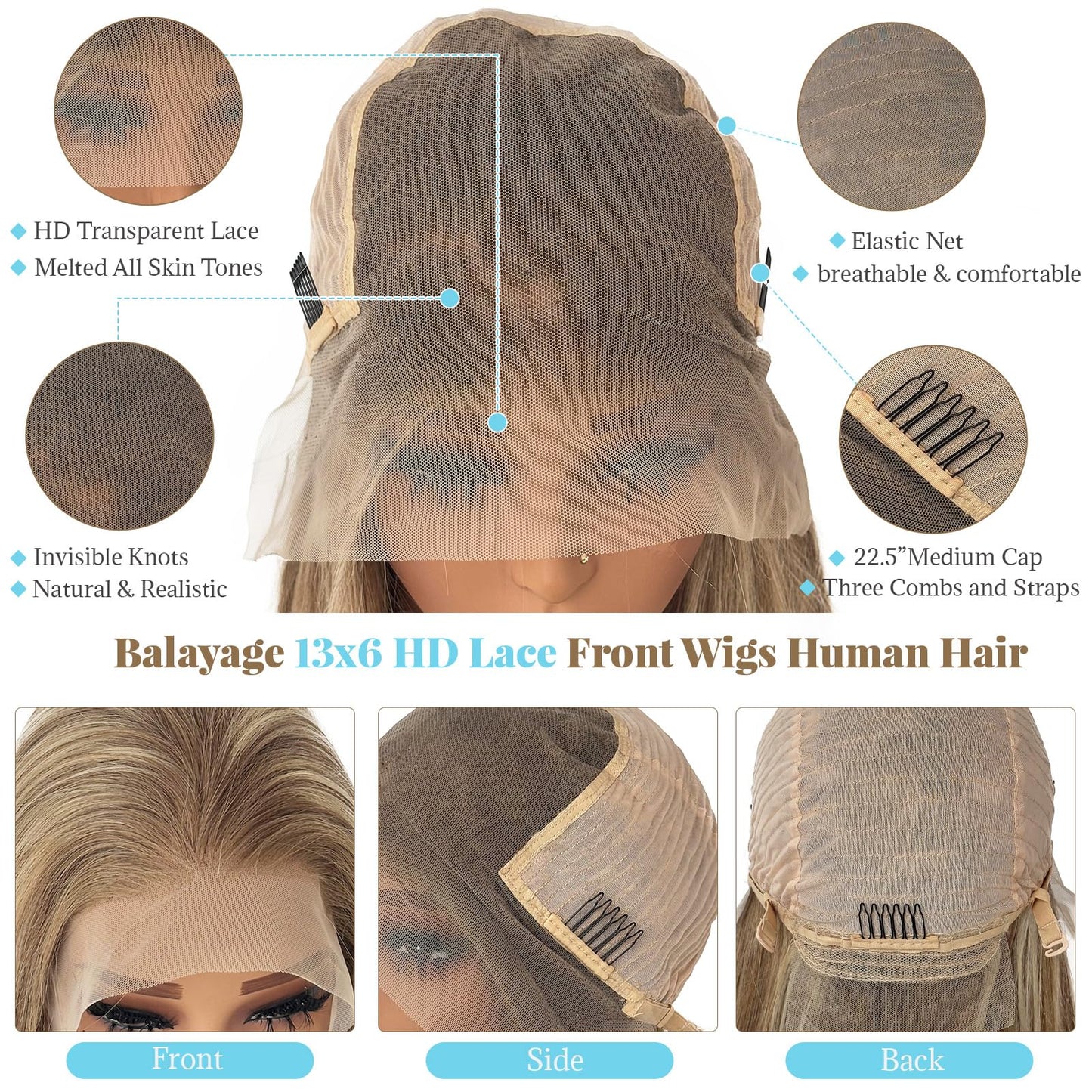 13x6 Ash Blonde Highlight Lace Front Wig Human Hair 20 Inch Straight Ash Brown to Blonde Balayage Wig Human Hair 180% Density Glueless Ombre Brown to Platinum Highlights HD Lace Wigs for Women