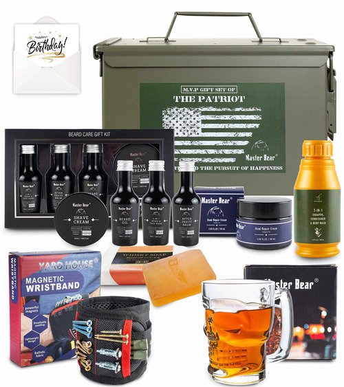 Master Bear Birthday Gifts for Men | 50 Cal Metal Ammo Cans Box Shaving Grooming Set Collection for Him with Happy Bday Card…