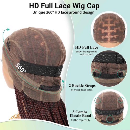 Fecihor 360° HD Full Lace Knotless Braided Wigs for Women Box Braid Wig with Baby Hair Premium Synthetic Natural Looking Burgundy Braided Lace Front Wigs 36 Inch