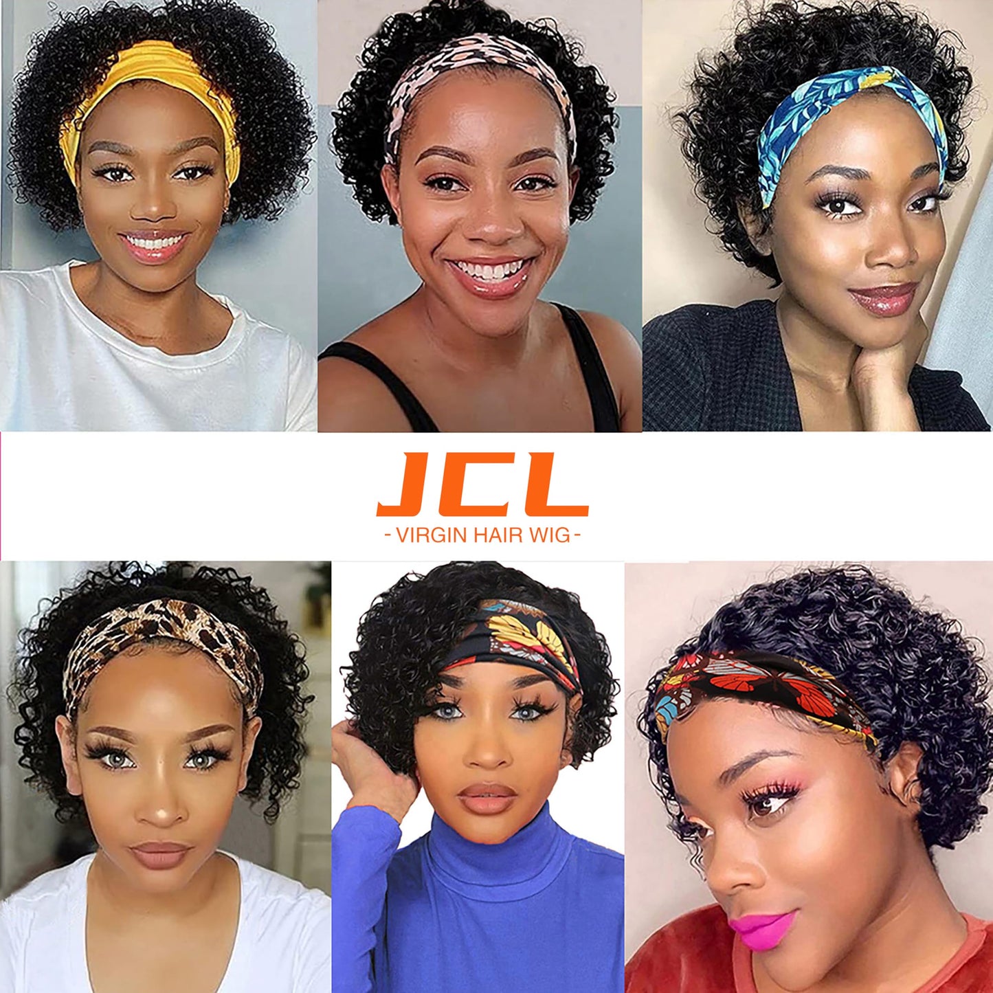 JCL Headband Wig Human Hair 14 Inch Headband Wigs Human Hair Wig Glueless Wigs Human Hair Curly Human Hair Wigs for Black Women Human Hair Natural Color Deep Wave Lace Front Wigs