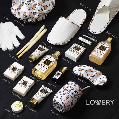 Christmas At-Home Spa Kit with Honey Almond Scent, Bath Gift Basket - Vit E-Rich Bath Essentials, Tumbler, Ear Candles, Bath Oil, Salts, Shower Steamer, Organic Lip Balm & More in Leopard Basket, 21