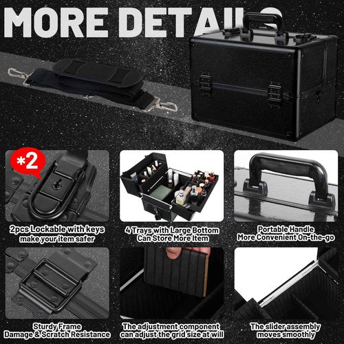 HAISKY Large Makeup Train Case Cosmetic Organizer Case Makeup Box Portable Make Up Artist Travel Case with 4 Trays with Dividers Lockable Hard Train Case Nail Tech Supply Storage - Starry Black