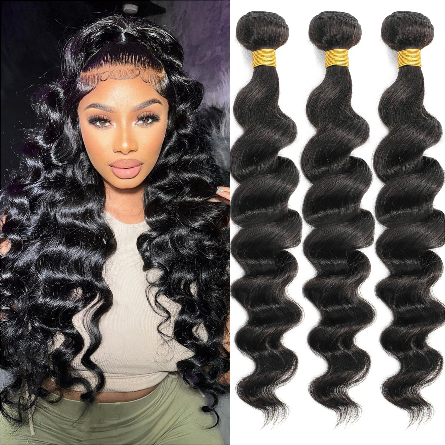 12A Grade Brazilian Virgin Loose Wave Hair 3 Bundles 18" 20" 22" 300g 100% Unprocessed Virgin Brazilian Remy Loose Deep Wave Human Hair Weave Bundles for Black Women Natural Color