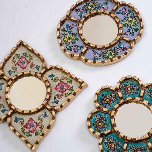 DECORCONTRERAS Artisan Small Accent Wall Mirror Set of 3 - Peruvian mirrors for wall with bronze leaf frame - Reverse Painted Glass Mirrors