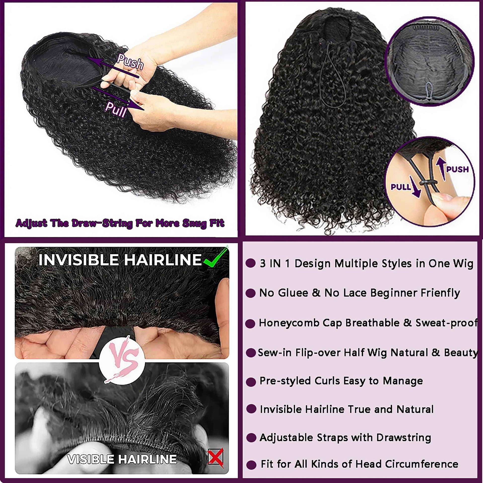 Kinky Curly Half Wig Human Hair 220 Density 3 In 1 Seamless Flip Over Half Wigs Wear Go Glueless Wigs Human Hair With Drawstring Beginner Friendly Curly Half Headband Wig Human Hair For Women 20 Inch