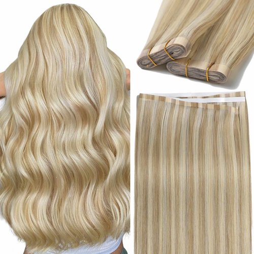 Caliee 20 Inch Long Weft Tape in Hair Extensions Human Hair Light Brown with Platinum Blonde Balayage Tape in Hair Extensions Real Remy Hair 50G Thick Ends Hair