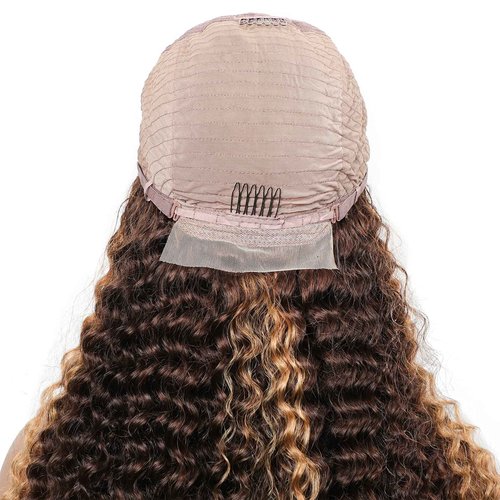 BLY Highlight Human Hair Lace Front Wigs Deep Wave #4/27 Ombre Colored Glueless Wigs Pre Plucked 16 Inch 4x4 Transparent Curly Water Wave Lace Wig Honey Blonde Real Human Hair 180% Density