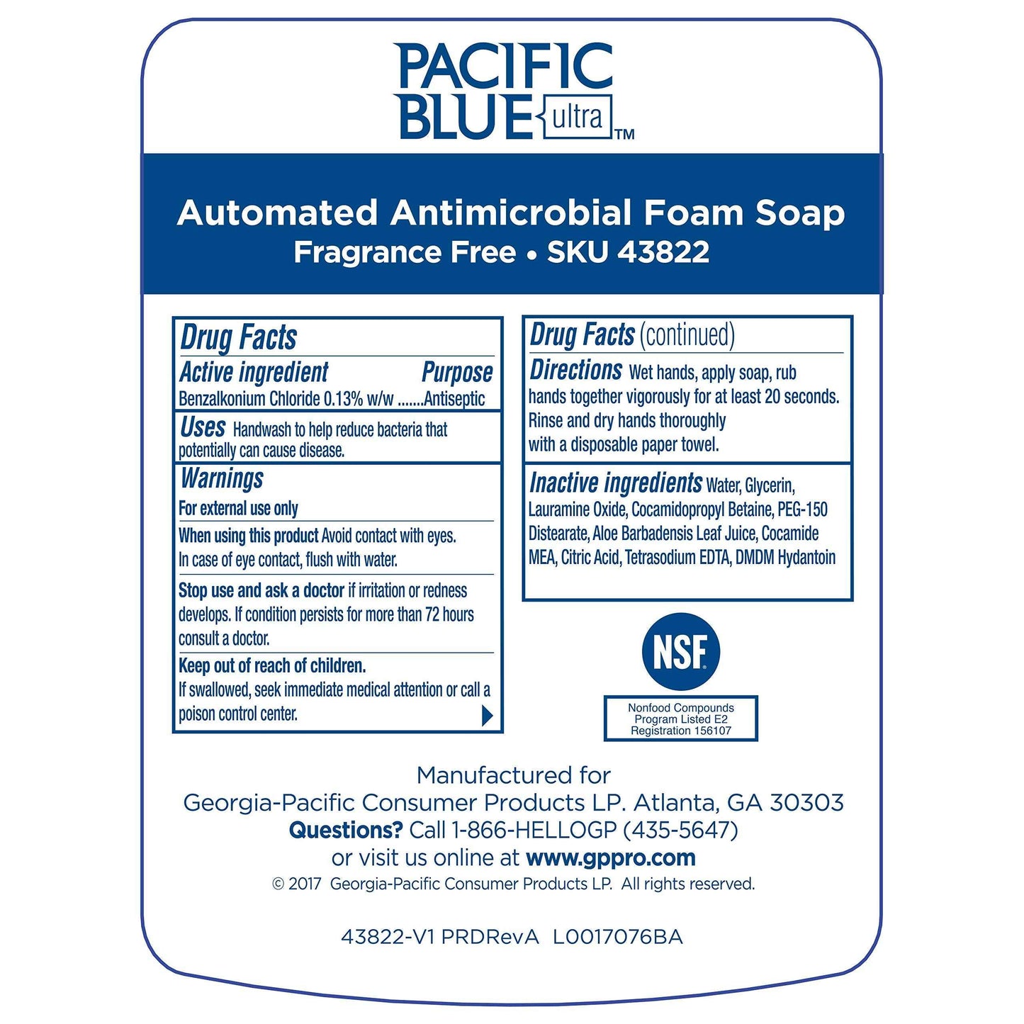 Georgia-Pacific-43822 Pacific Blue Ultra Antimicrobial Foam Soap Refills for Automated Touchless Soap Dispenser, Dye and Fragrance Free, 3 Bottles/Case