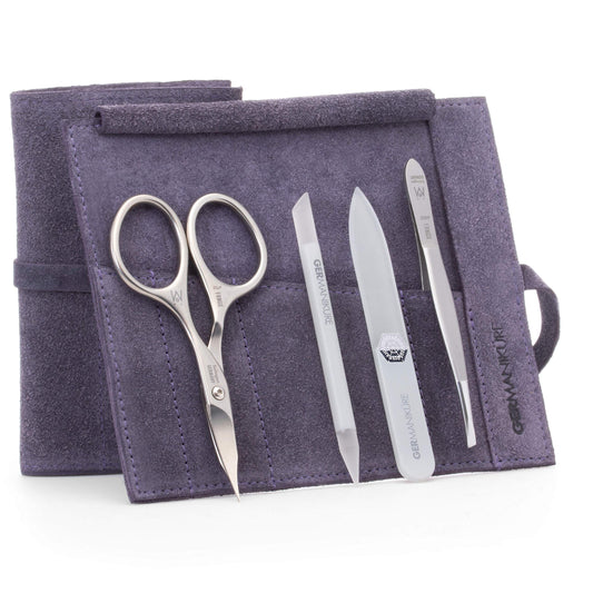 GERMANIKURE 4pc Mini Professional Manicure Set in Purple Suede Case - FINOX Stainless Steel Tools Made in Solingen Germany, Glass Nail Care Supplies Made in Czech Republic