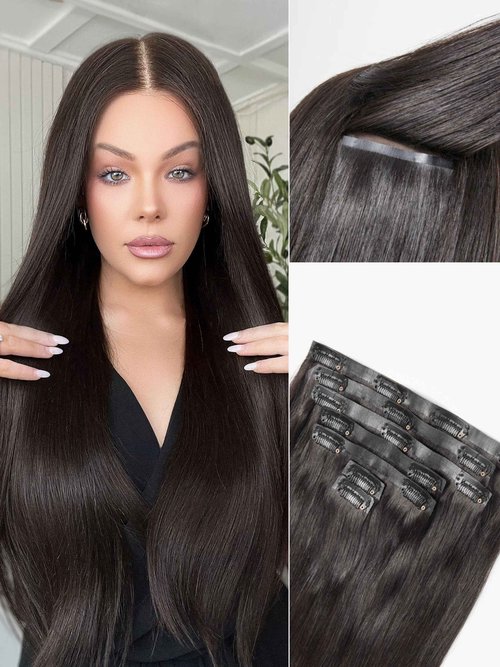 LUVME Straight Seamless 16inch 110g 7Pcs Clip in Hair Extensions Full Max Remy Human Hair Extensions, Natural Black 100% Real Soft Human Hair Extensions