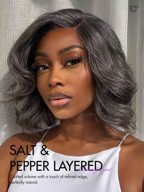LUVME HAIR Salt & Pepper Layered Bob Glueless Pre-Cut Lace Wig Gray Wigs For Women Short Grey Hair Glueless Bob Wigs Pre Plucked Pre Cut Pixie Cut