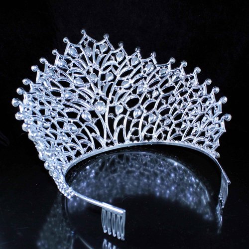 Janefashions 5.75" Tall Large Tiara Crown With Hair Combs, Clear White Austrian Rhinestone Crystal Metal Tiara Pageant Show Parade Wedding Bridal Birthday Queen T2306