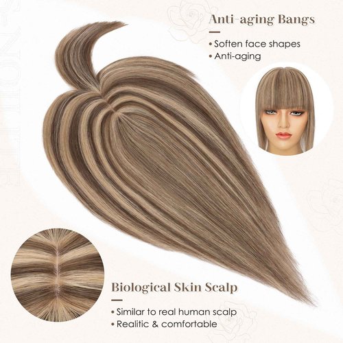 S-noilite Human Hair Toppers for Women with Bangs 100% Real Human Hairpiece 5"x3" Clip in Silk Base Topper Piece Cover Thinning Fine Hair 12 inch Medium Brown Highlighted Honey Blonde