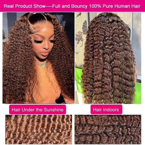 Aonou Full Brown Deep Wave Lace Front Wigs Human Hair Pre Plucked 220% Density 13x6 Chocolate Brown Curly Lace Frontal Wigs Human Hair for Women Brazilian Virgin Hair 22inch